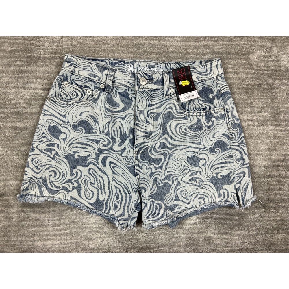 No Boundaries Shorts Juniors 5 Blue High Rise Destructed Midi Batik Pattern NWT